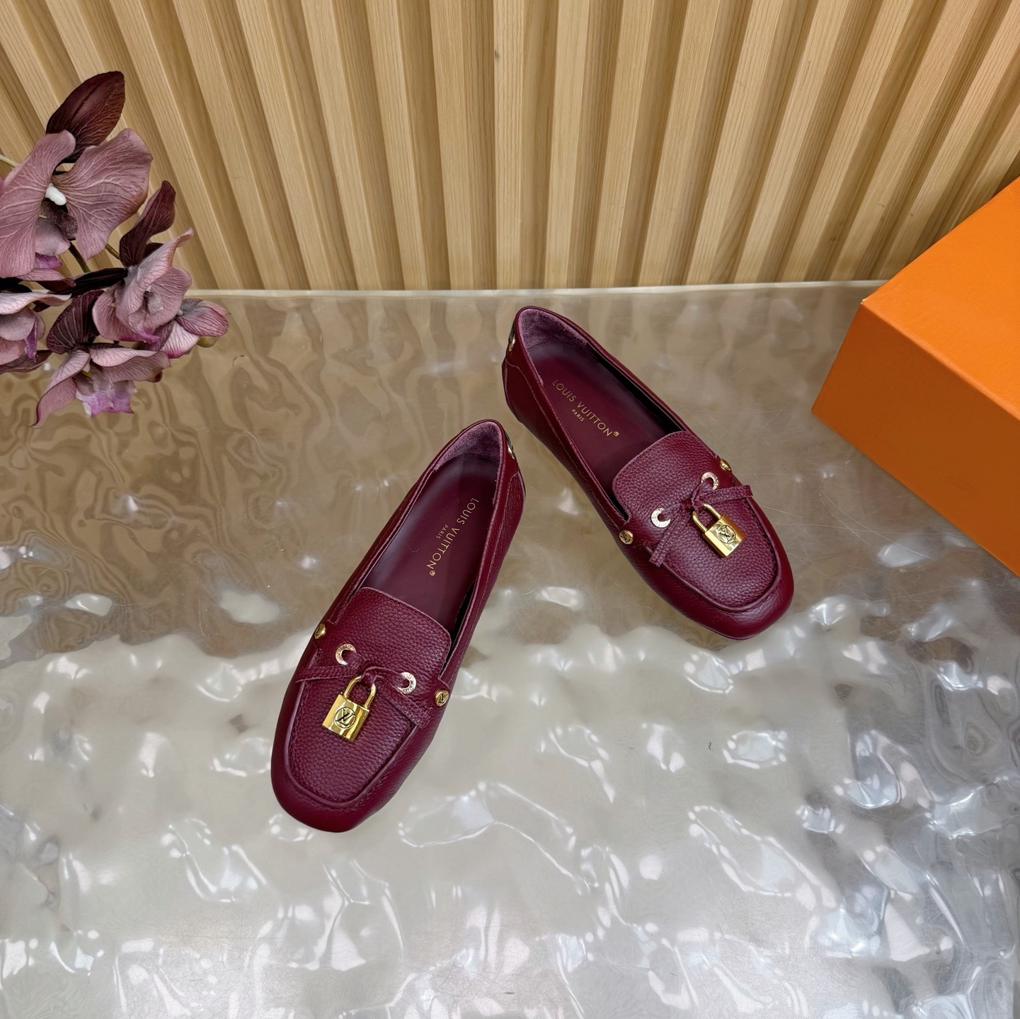 Louis Vuitton Women's Burgundy Leather Loafers with Gold Padlock