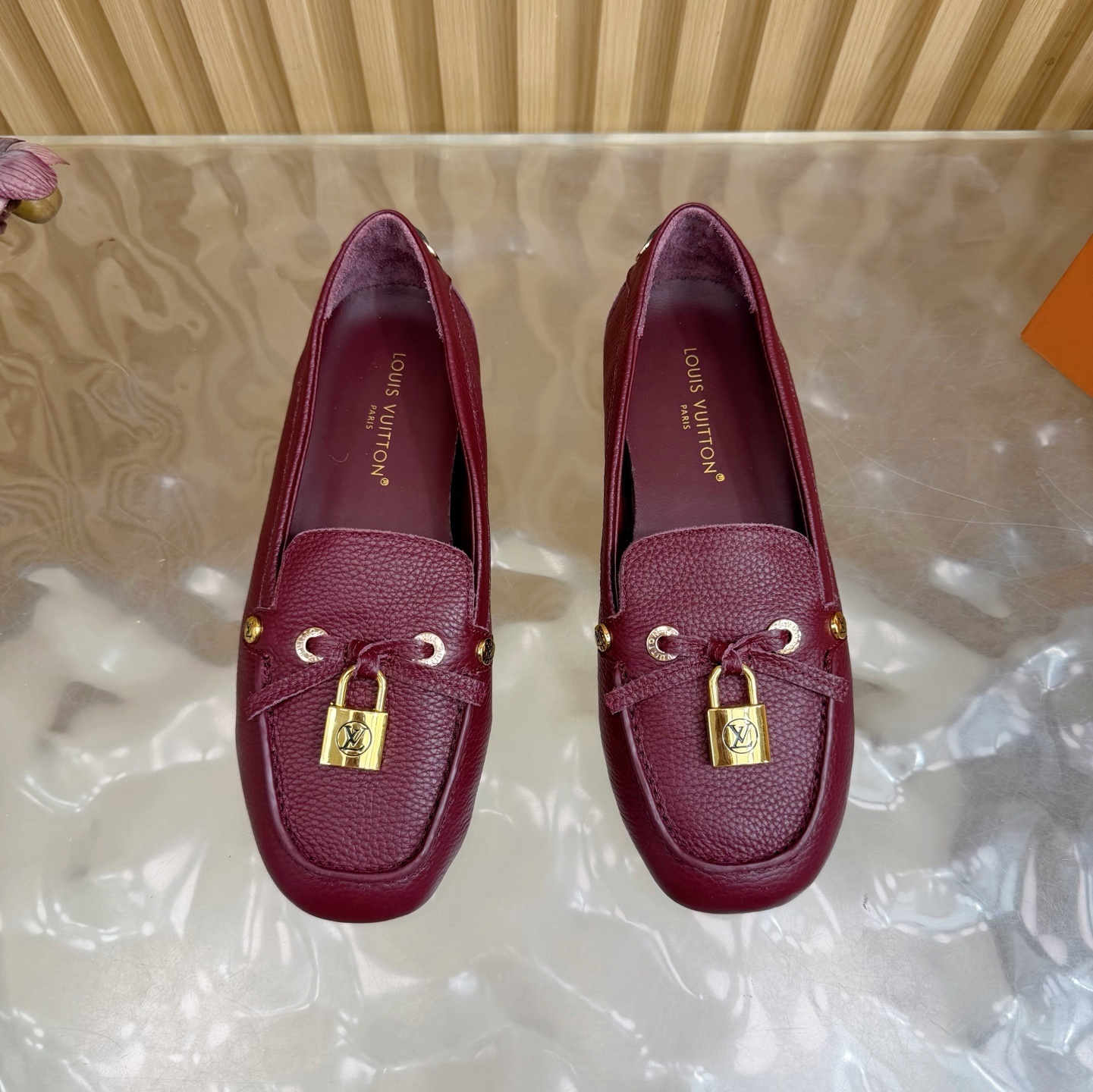 Louis Vuitton Women's Burgundy Leather Loafers with Gold Padlock