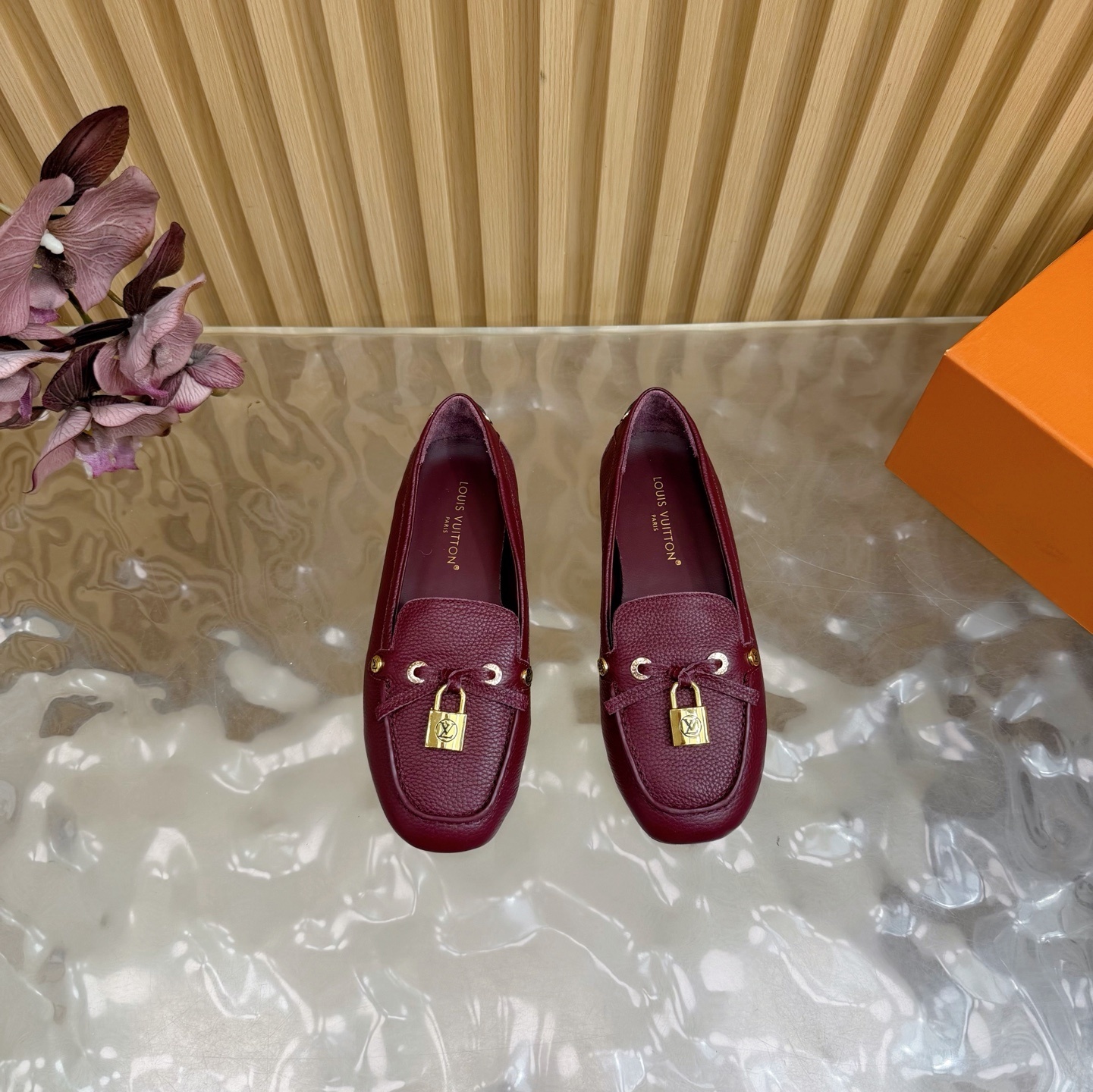 Louis Vuitton Women's Burgundy Leather Loafers with Gold Padlock