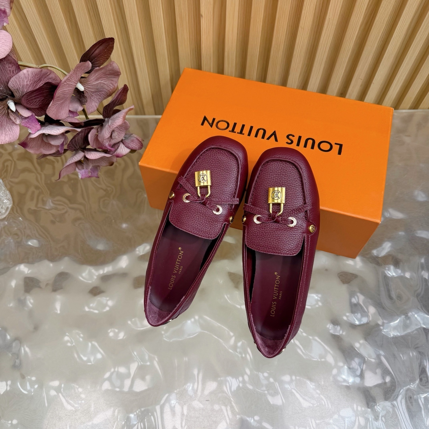 Louis Vuitton Women's Burgundy Leather Loafers with Gold Padlock