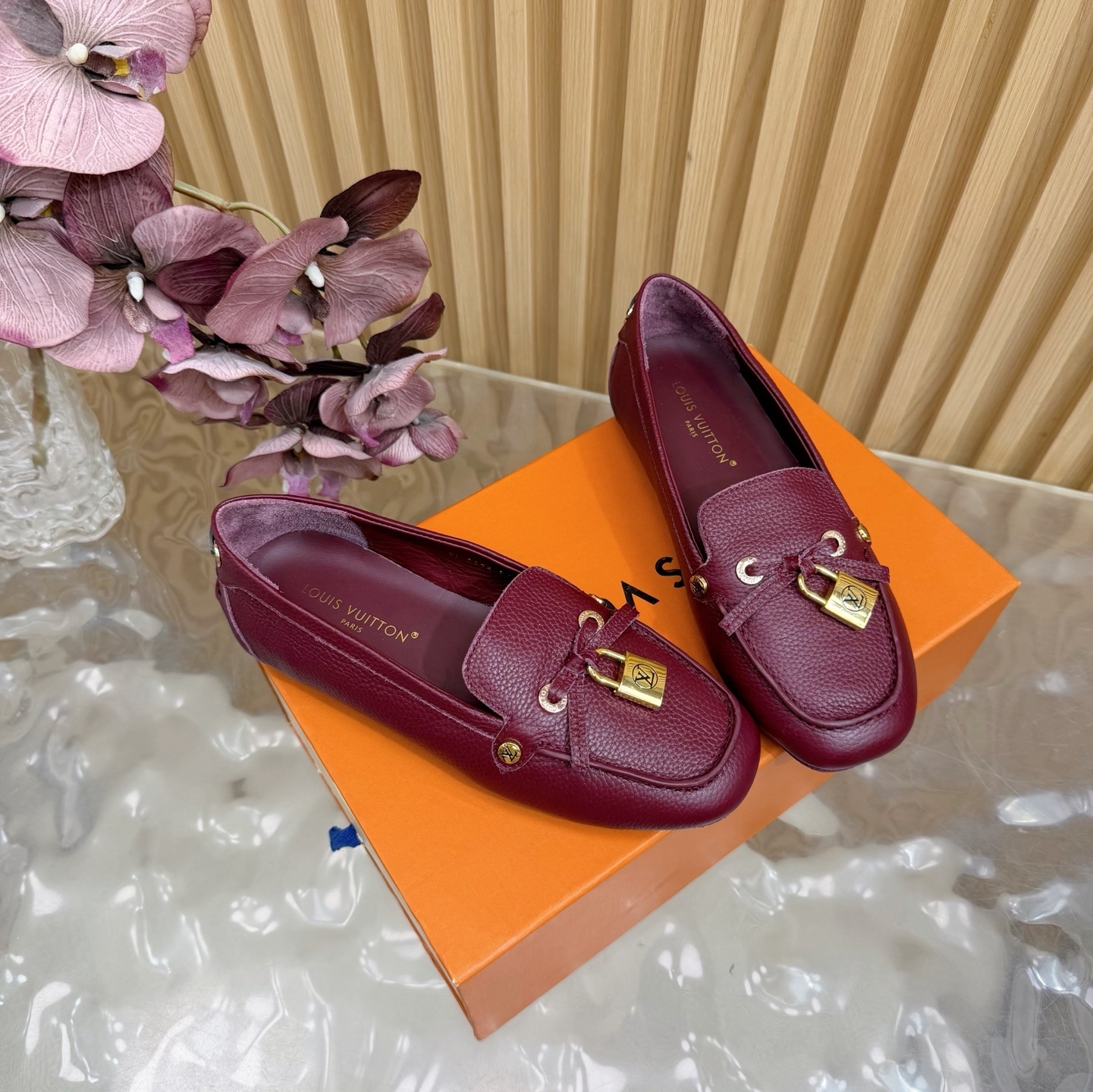 Louis Vuitton Women's Burgundy Leather Loafers with Gold Padlock