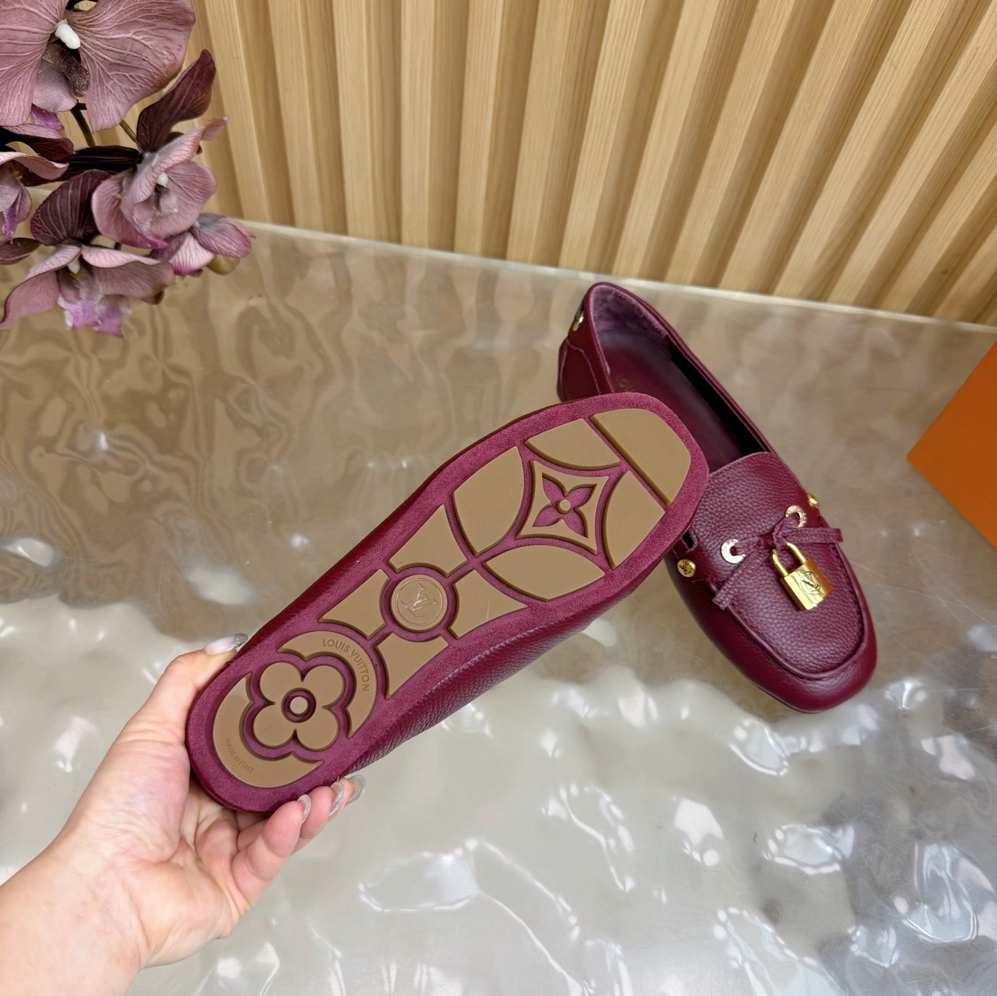 Louis Vuitton Women's Burgundy Leather Loafers with Gold Padlock