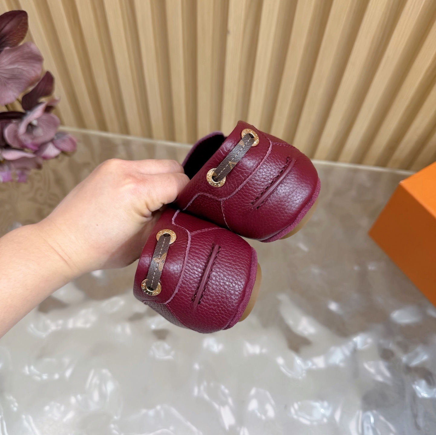 Louis Vuitton Women's Burgundy Leather Loafers with Gold Padlock