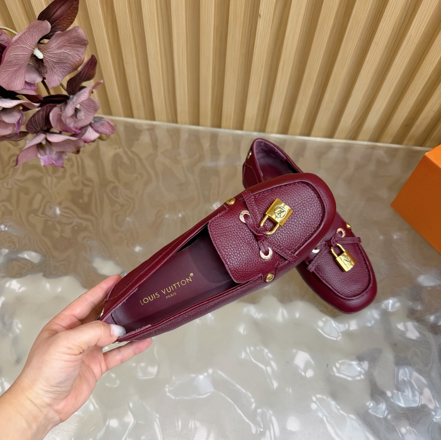 Louis Vuitton Women's Burgundy Leather Loafers with Gold Padlock