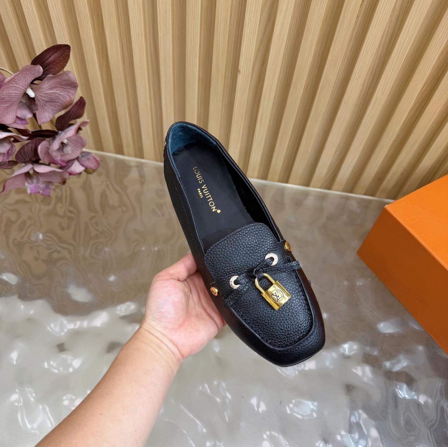 Louis Vuitton Women's Black Grained Leather Gloria Loafers