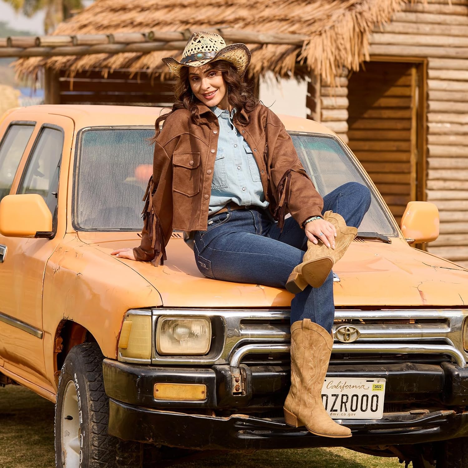 IUV Cowboy Boots For Women Western Cowgirl Boots with Chunky Heel Mid Calf Snip Toe Ideal for low insteps