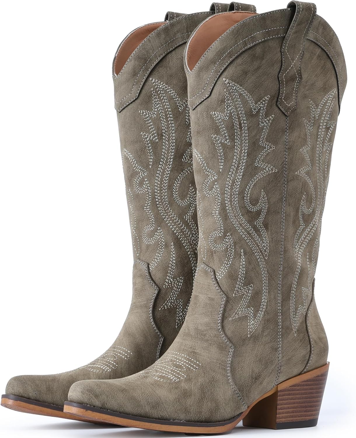 IUV Cowboy Boots For Women Western Cowgirl Boots with Chunky Heel Mid Calf Snip Toe Ideal for low insteps