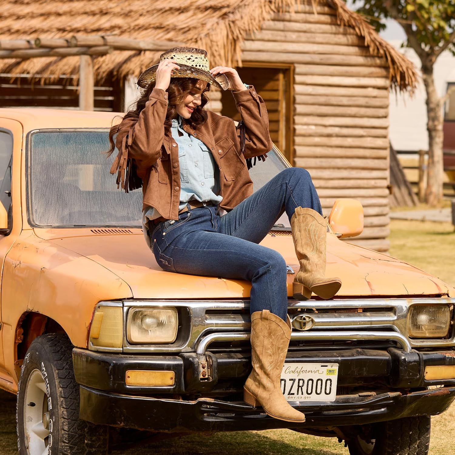 IUV Cowboy Boots For Women Western Cowgirl Boots with Chunky Heel Mid Calf Snip Toe Ideal for low insteps