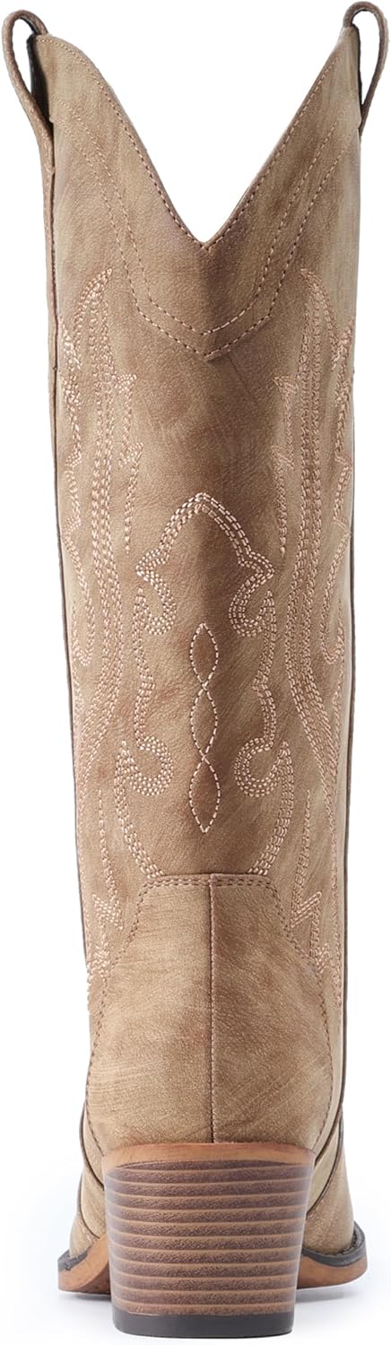 IUV Cowboy Boots For Women Western Cowgirl Boots with Chunky Heel Mid Calf Snip Toe Ideal for low insteps