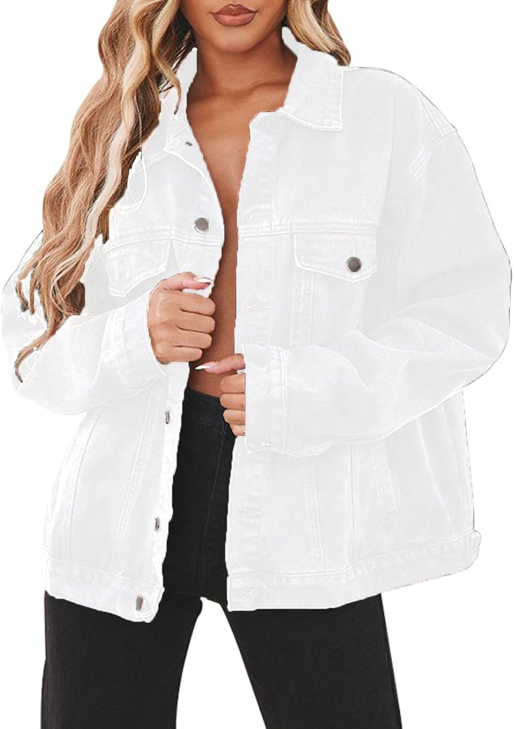 Jean Jacket for Women Distressed Long Sleeve Oversized Denim Trucker Jackets Coat