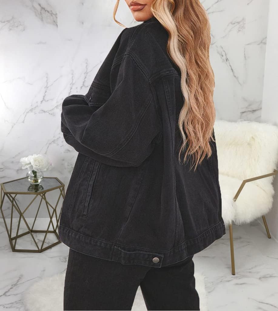 Jean Jacket for Women Distressed Long Sleeve Oversized Denim Trucker Jackets Coat