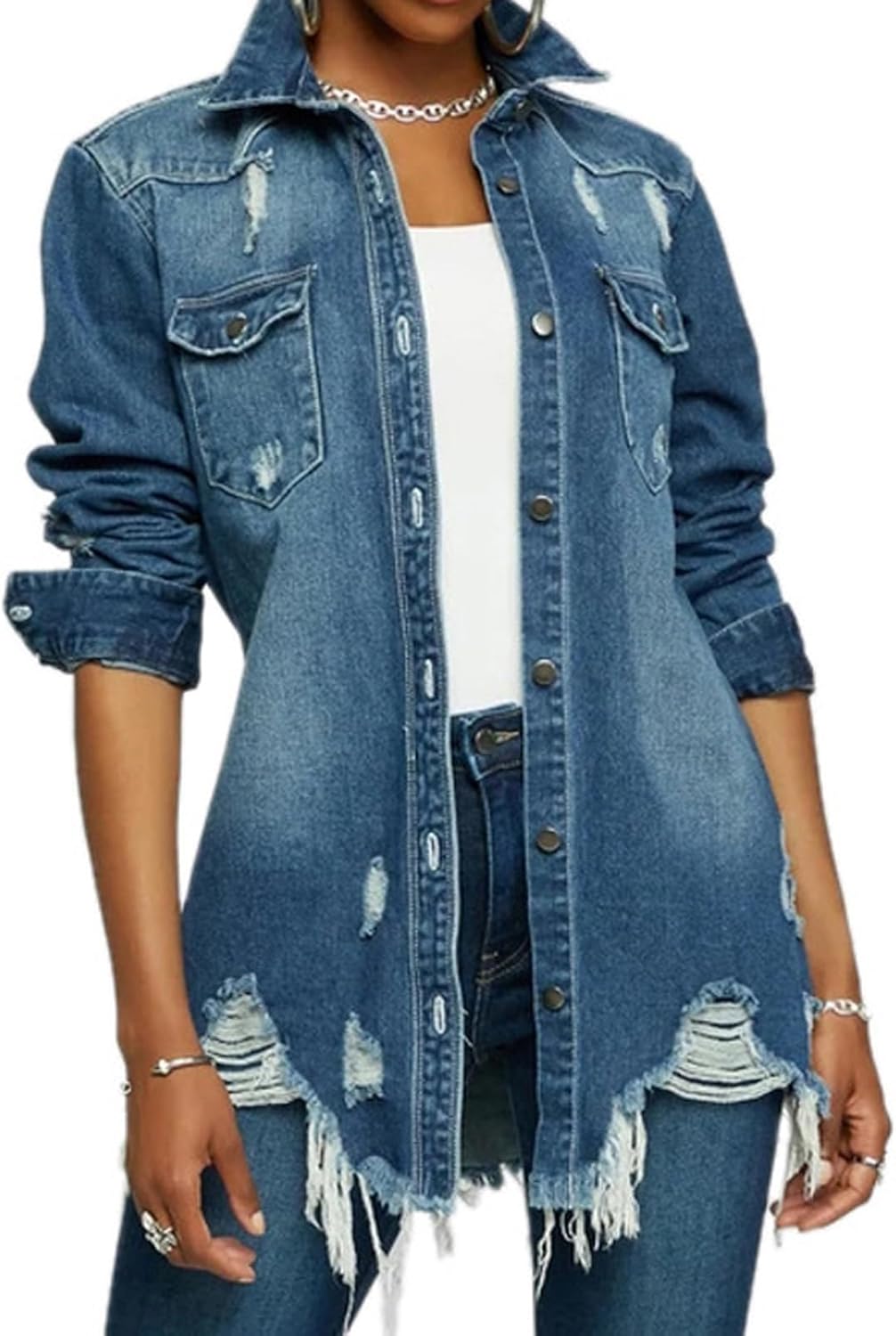 Jean Jacket for Women Distressed Long Sleeve Oversized Denim Trucker Jackets Coat