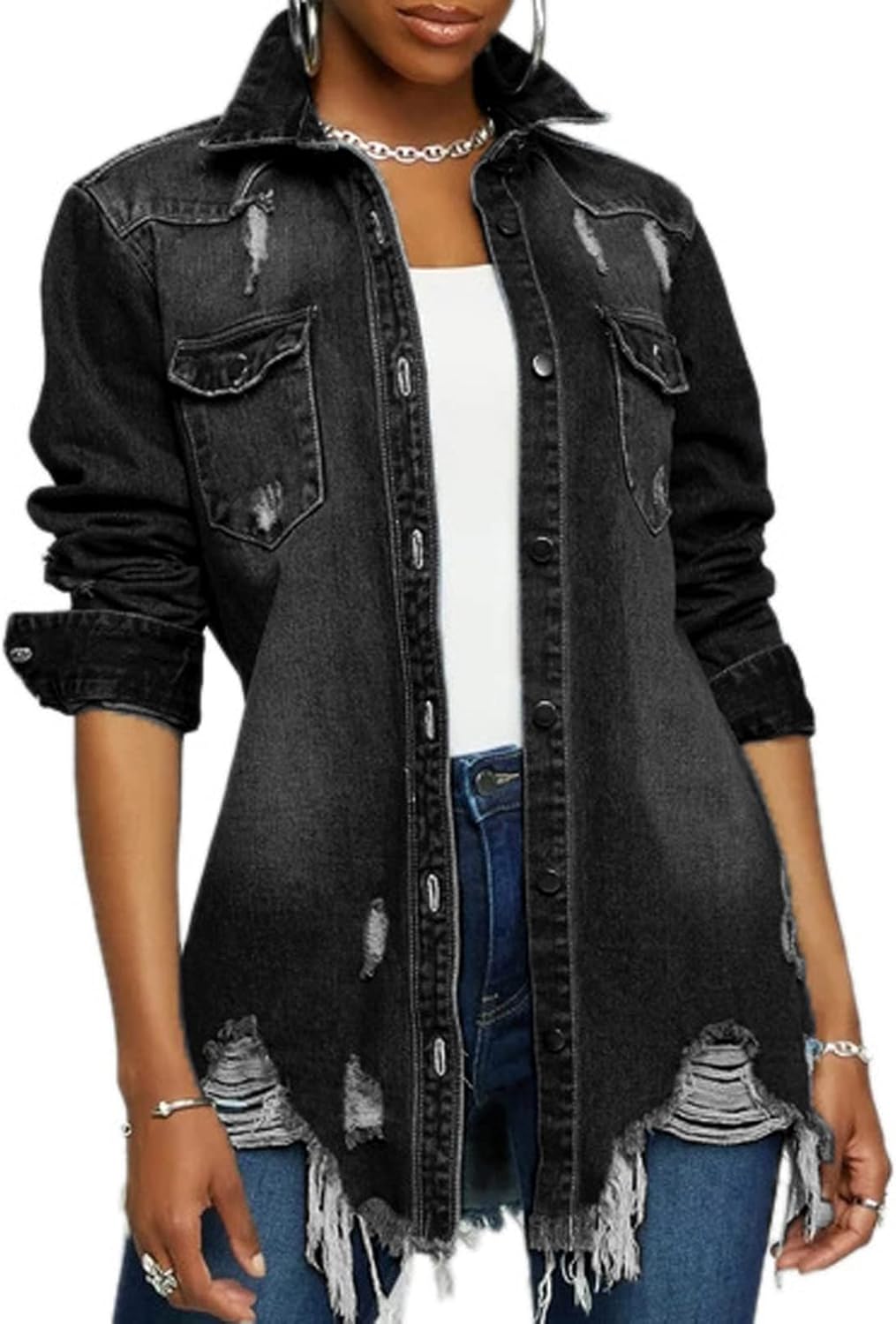 Jean Jacket for Women Distressed Long Sleeve Oversized Denim Trucker Jackets Coat