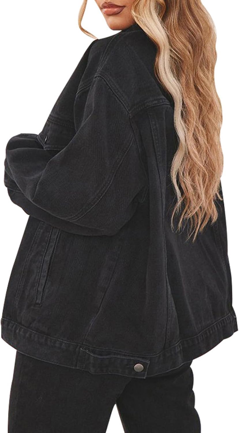 Jean Jacket for Women Distressed Long Sleeve Oversized Denim Trucker Jackets Coat