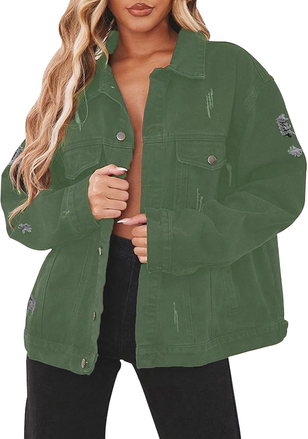 Jean Jacket for Women Distressed Long Sleeve Oversized Denim Trucker Jackets Coat