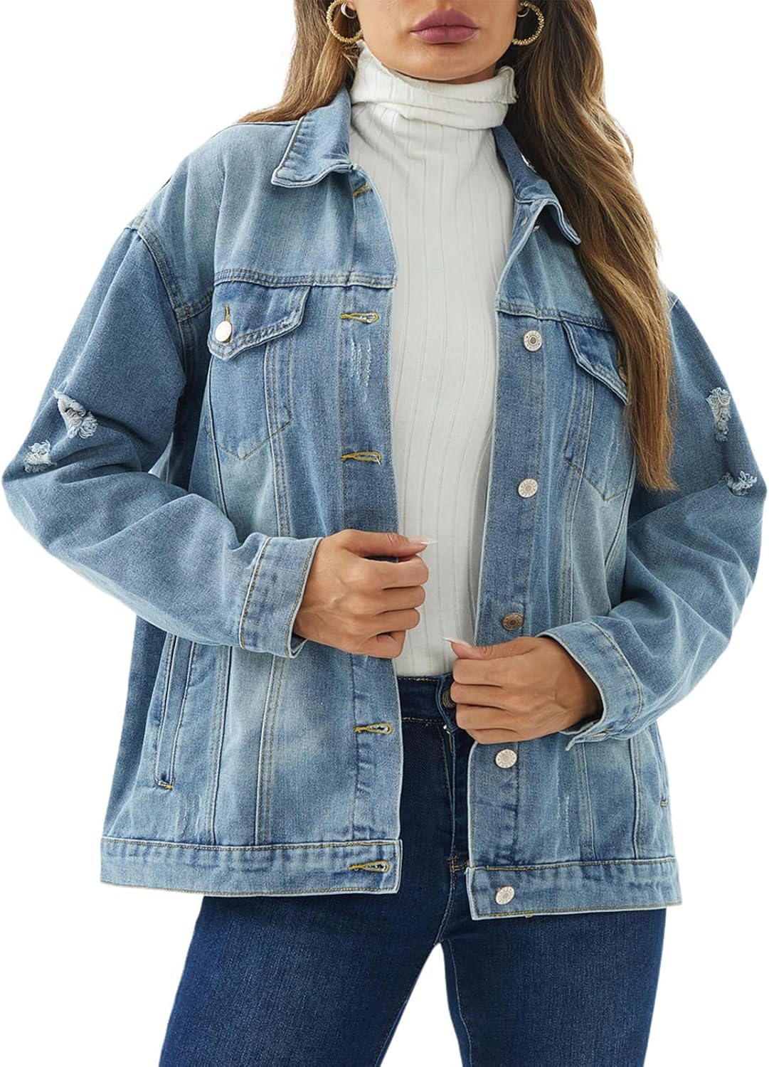 Jean Jacket for Women Distressed Long Sleeve Oversized Denim Trucker Jackets Coat