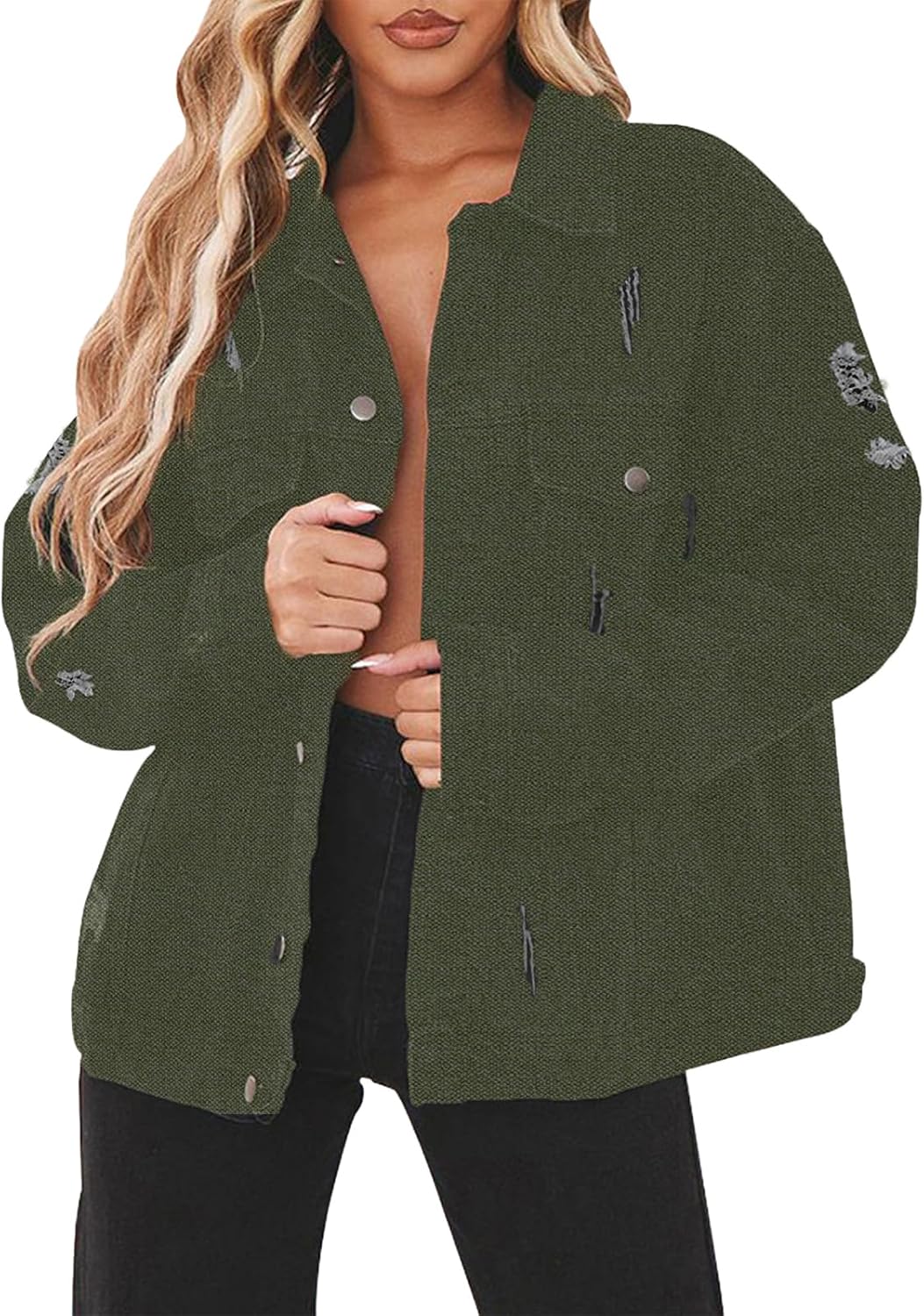 Jean Jacket for Women Distressed Long Sleeve Oversized Denim Trucker Jackets Coat