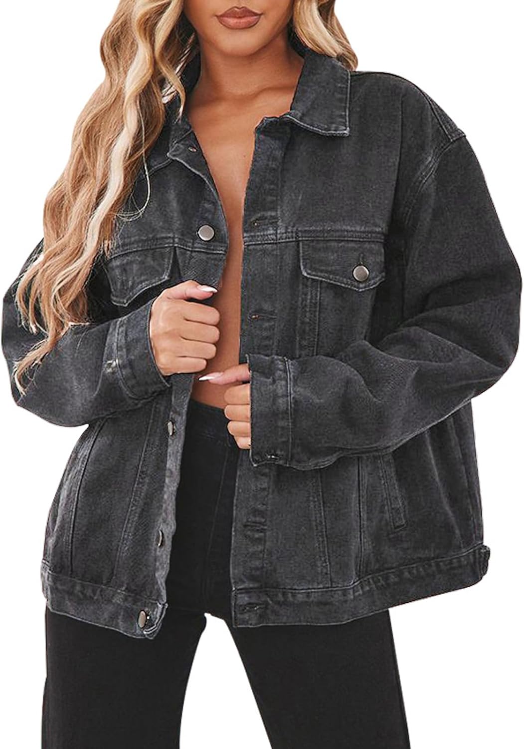 Jean Jacket for Women Distressed Long Sleeve Oversized Denim Trucker Jackets Coat