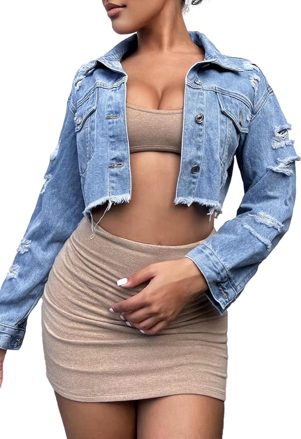 JerXox Women’s Cropped Denim Washed Distressed Button Down Long Sleeve Jean Jacket Coats