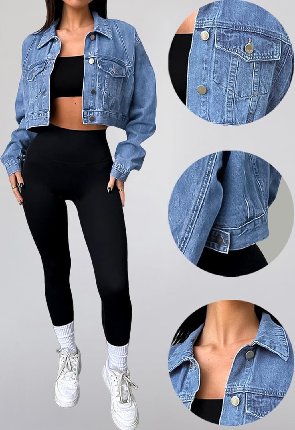 JerXox Women’s Cropped Denim Washed Distressed Button Down Long Sleeve Jean Jacket Coats