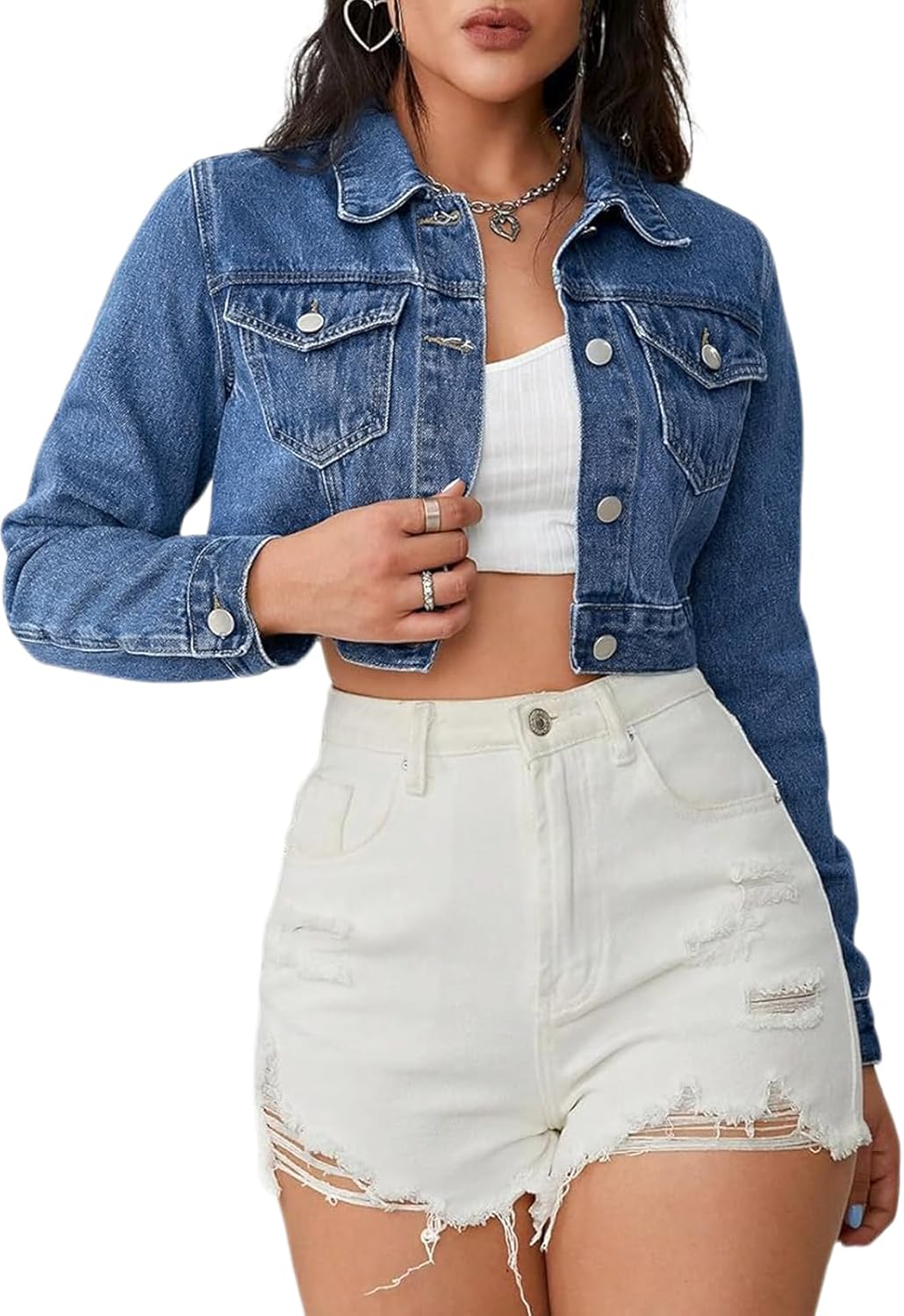 JerXox Women’s Cropped Denim Washed Distressed Button Down Long Sleeve Jean Jacket Coats