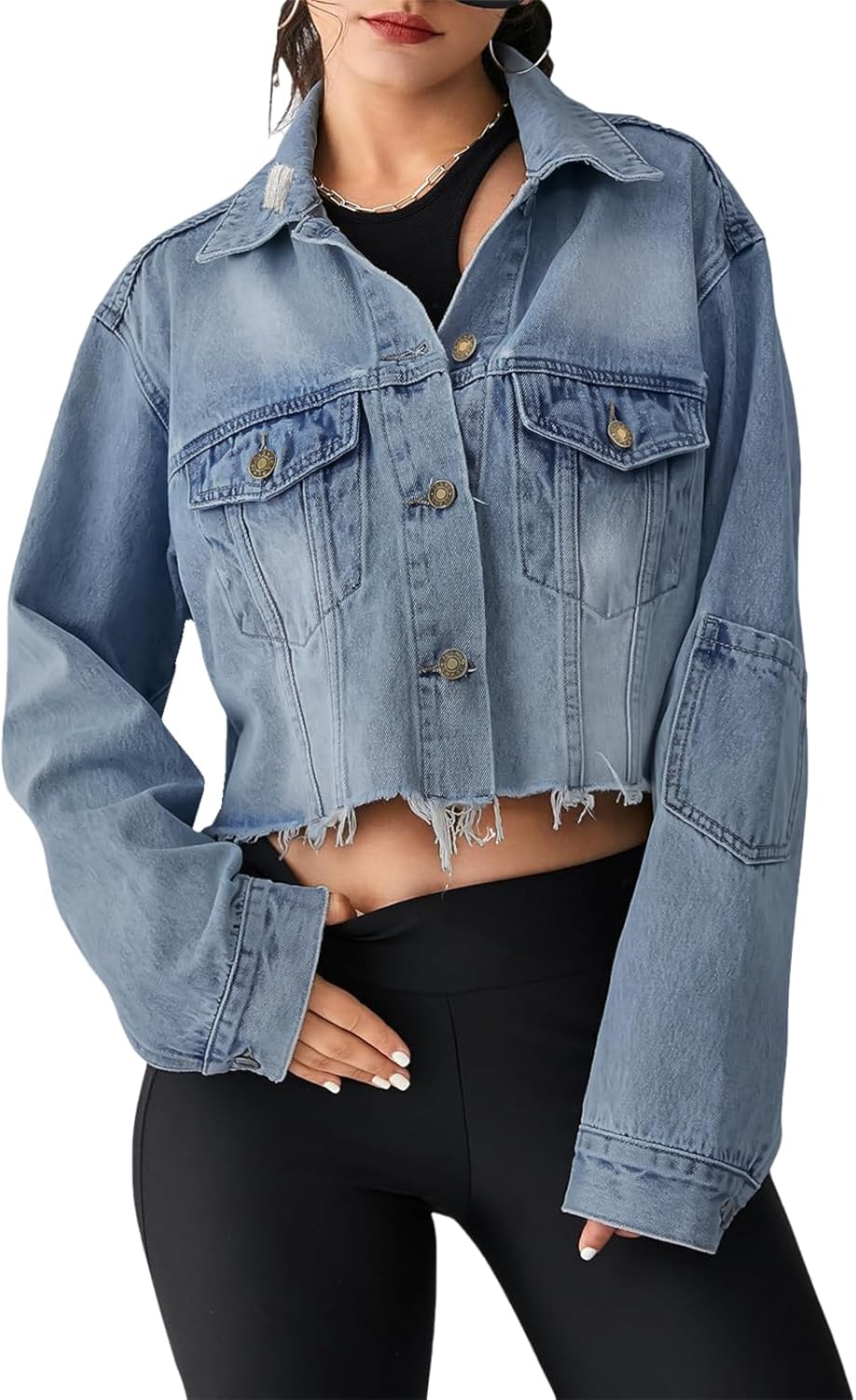 JerXox Women’s Cropped Denim Washed Distressed Button Down Long Sleeve Jean Jacket Coats
