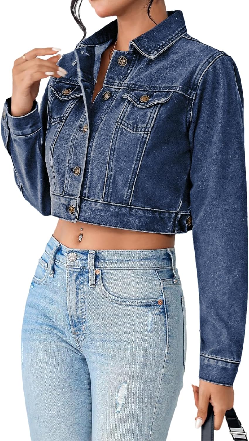 JerXox Women’s Cropped Denim Washed Distressed Button Down Long Sleeve Jean Jacket Coats