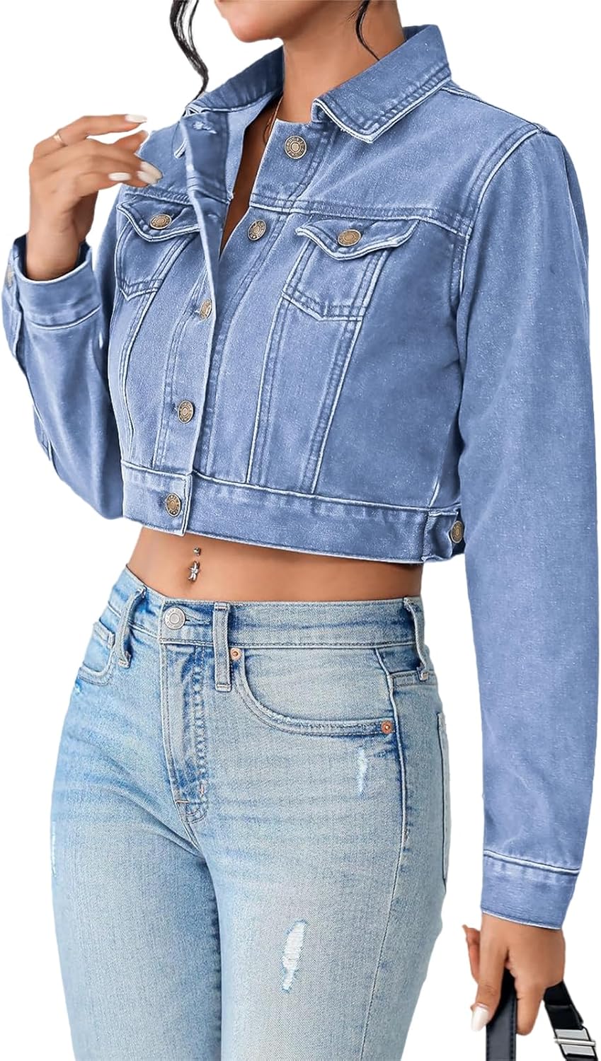 JerXox Women’s Cropped Denim Washed Distressed Button Down Long Sleeve Jean Jacket Coats