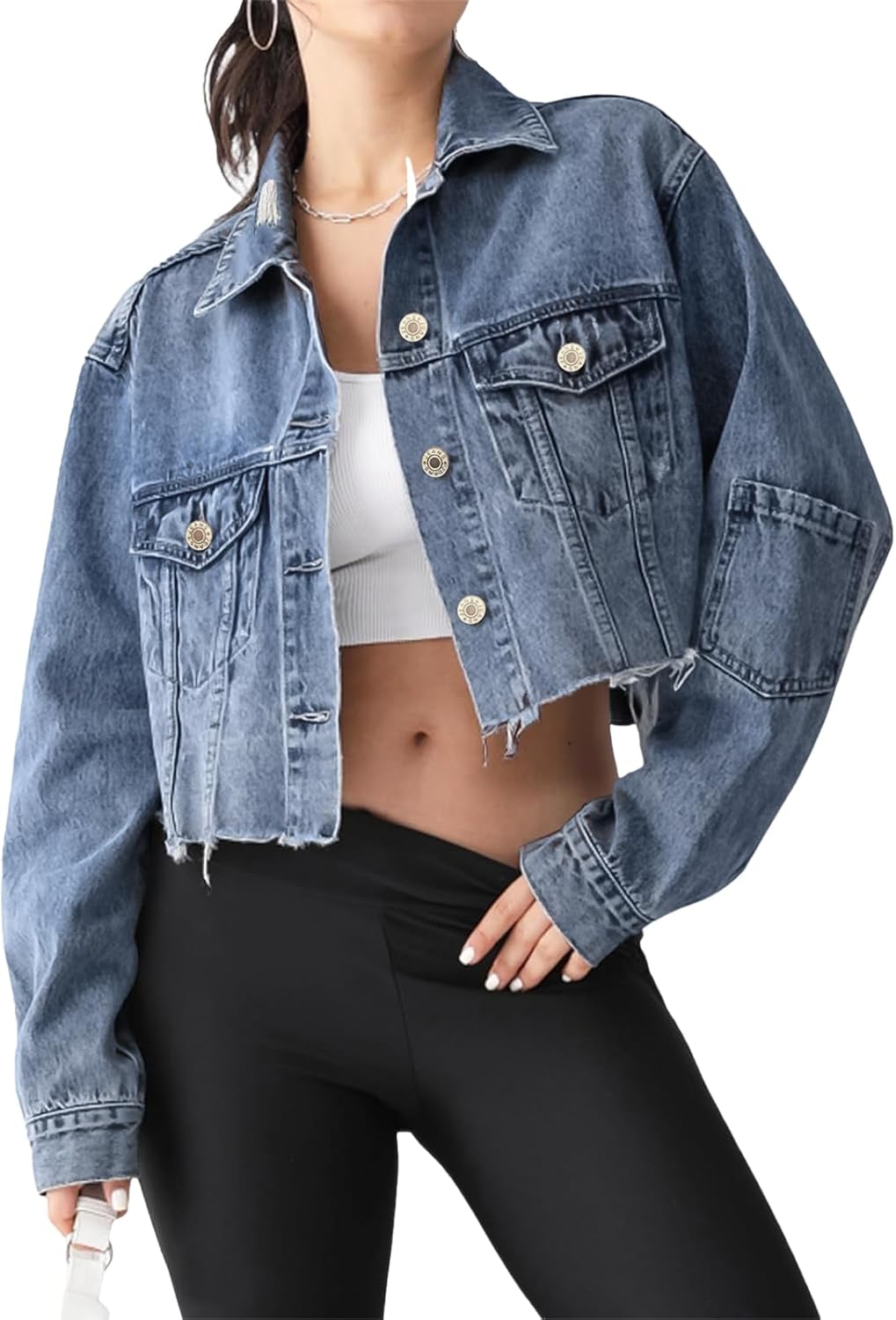 JerXox Women’s Cropped Denim Washed Distressed Button Down Long Sleeve Jean Jacket Coats
