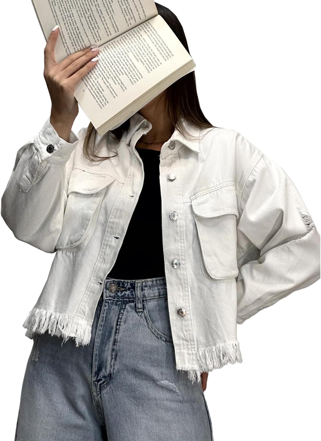 JerXox Women’s Cropped Denim Washed Distressed Button Down Long Sleeve Jean Jacket Coats