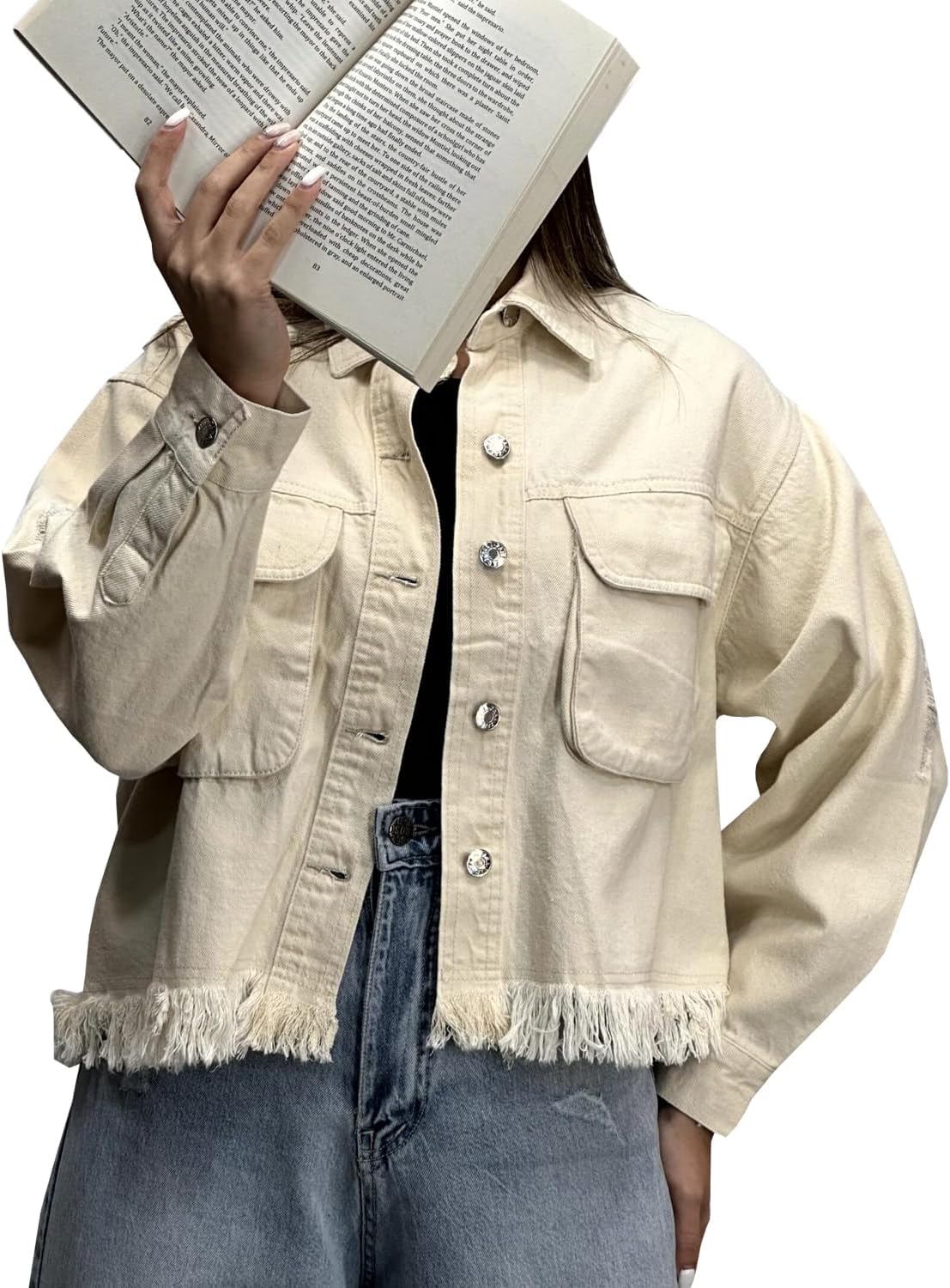 JerXox Women’s Cropped Denim Washed Distressed Button Down Long Sleeve Jean Jacket Coats