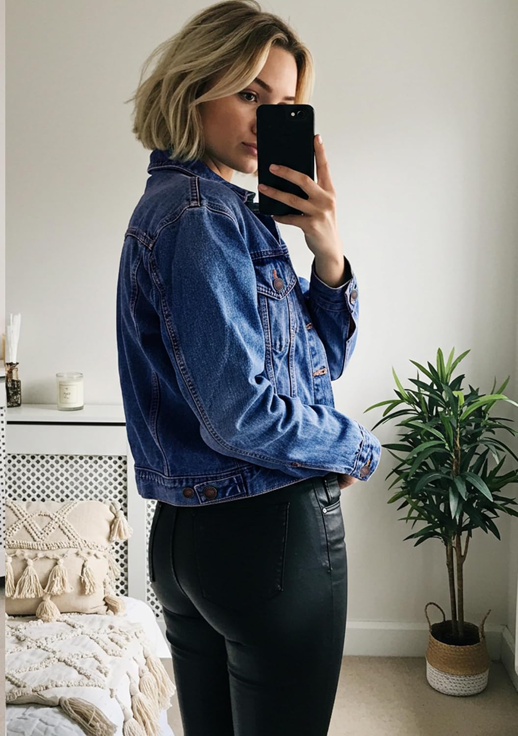 JMOJO 2025 Cropped Denim Jacket for Women Stretchy Fitted with 2 Pockets \u2013 Lightweight Trendy Short Jean Shacket