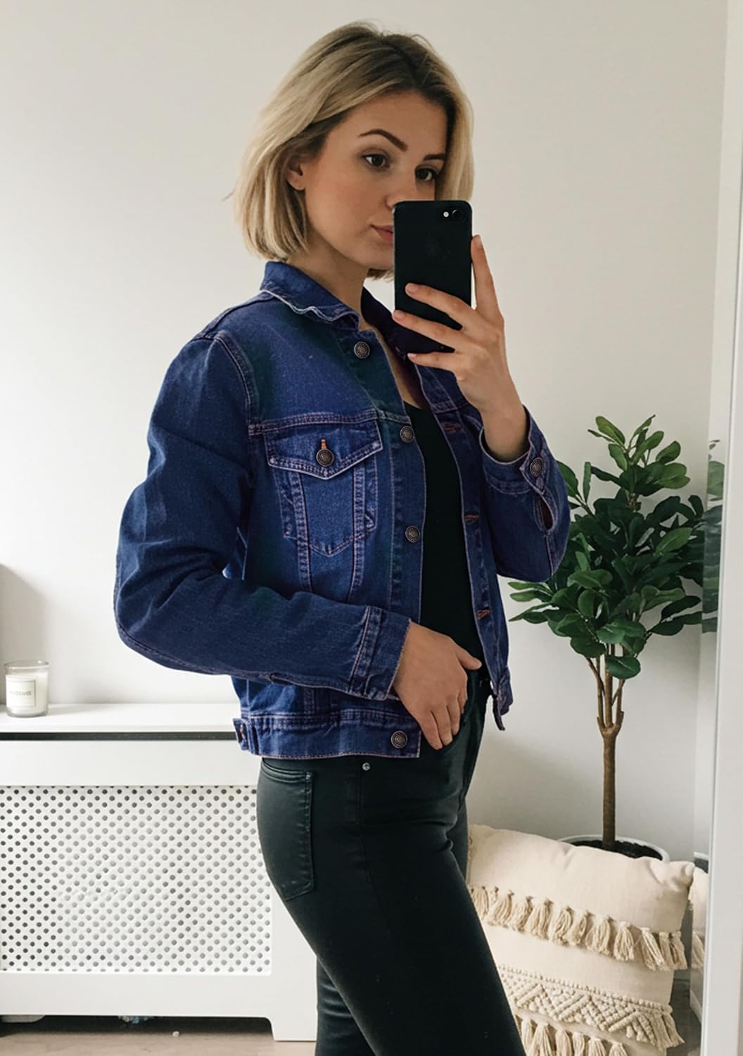 JMOJO 2025 Cropped Denim Jacket for Women Stretchy Fitted with 2 Pockets \u2013 Lightweight Trendy Short Jean Shacket