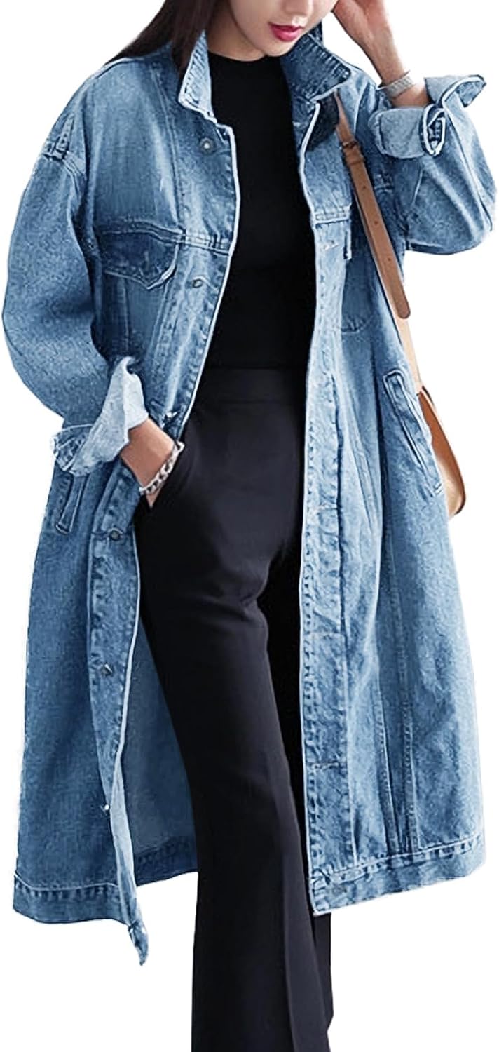 Jofemuho Womens Classic Jean Jacket Plus Size Loose Long Sleeve Button Down Denim Trench Coat