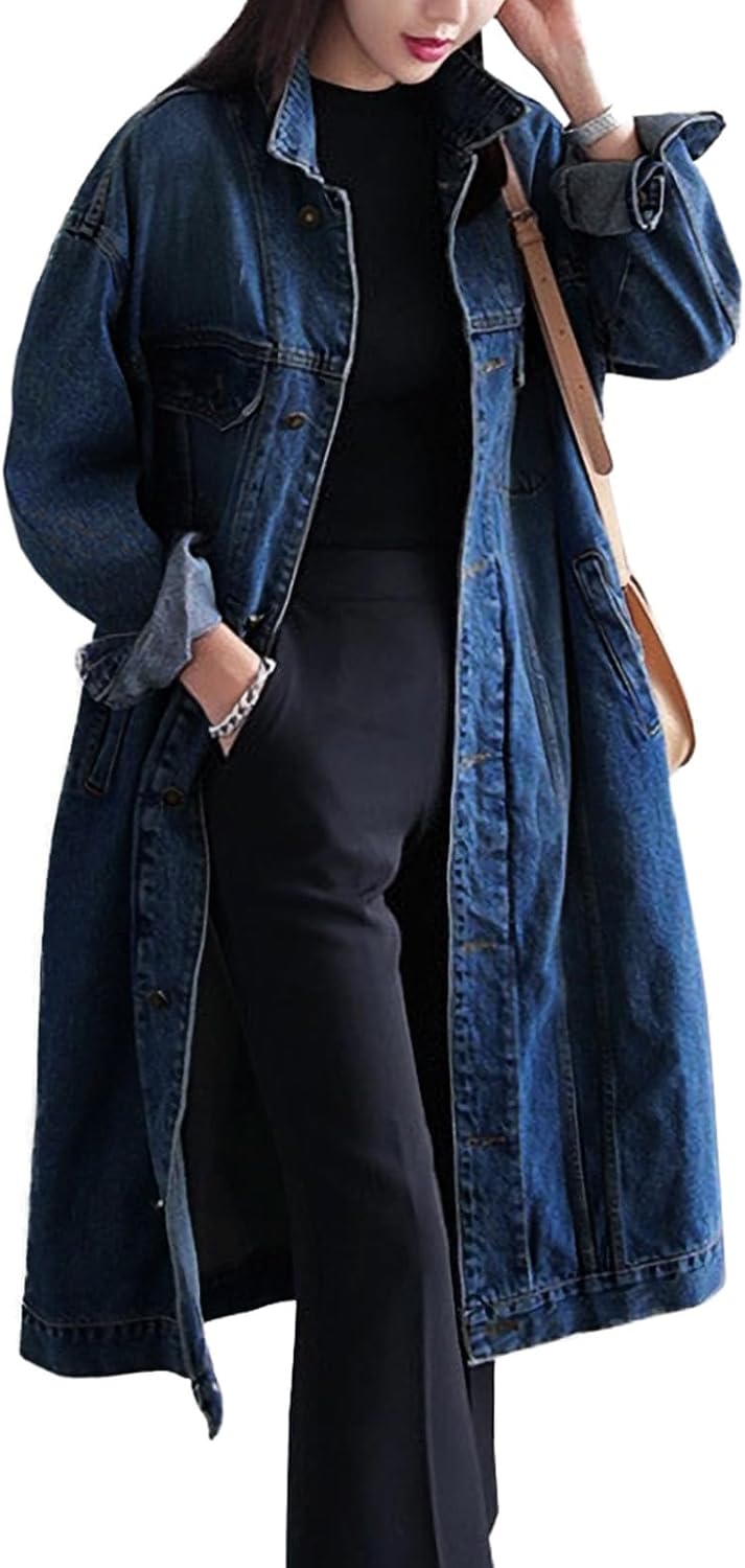 Jofemuho Womens Classic Jean Jacket Plus Size Loose Long Sleeve Button Down Denim Trench Coat
