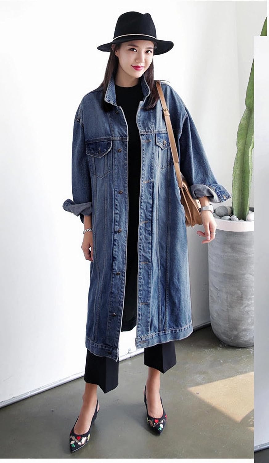 Jofemuho Womens Classic Jean Jacket Plus Size Loose Long Sleeve Button Down Denim Trench Coat