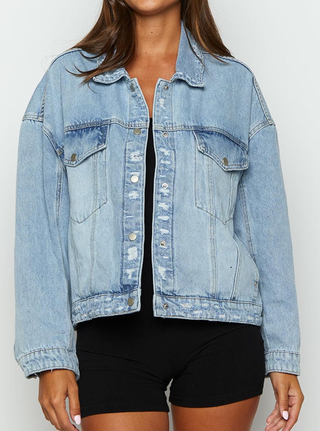 Justalwart Women Distressed Light Wash Oversized Denim Jacket