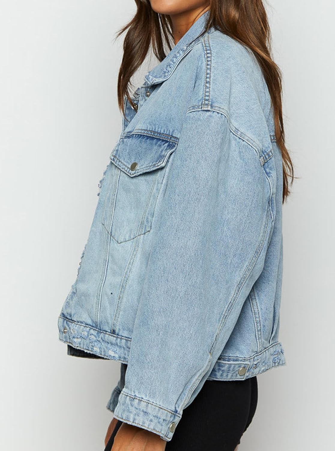 Justalwart Women Distressed Light Wash Oversized Denim Jacket