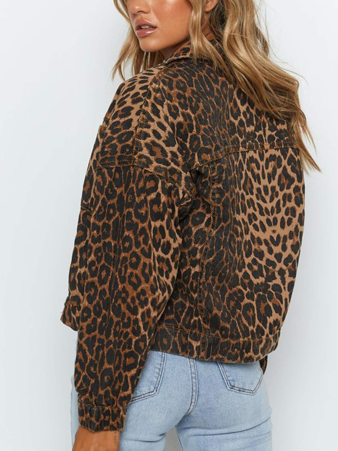 Justalwart Women’s Leopard Print Retro Shape Button-up Front Bomber Jacket