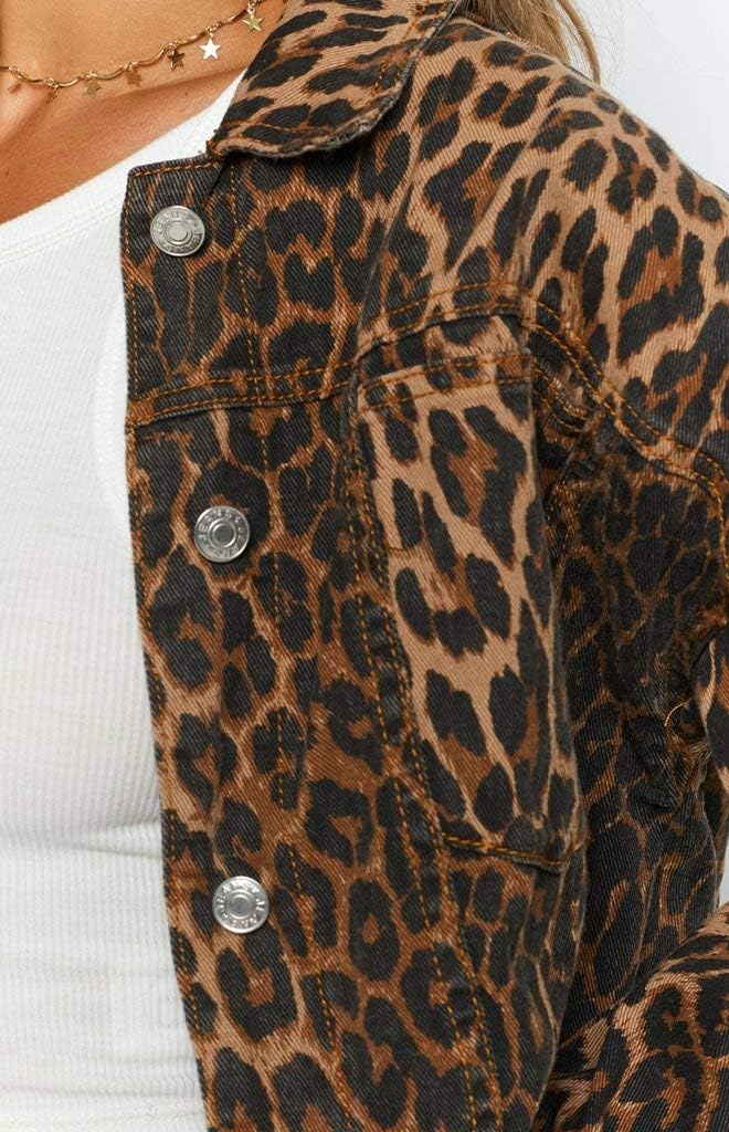Justalwart Women’s Leopard Print Retro Shape Button-up Front Bomber Jacket