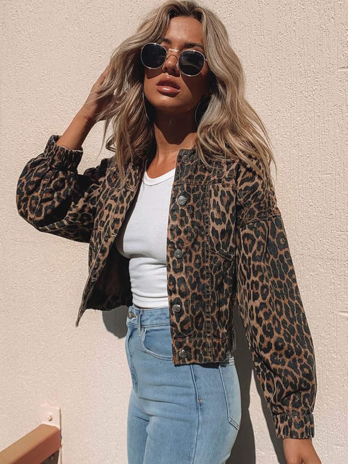 Justalwart Women’s Leopard Print Retro Shape Button-up Front Bomber Jacket