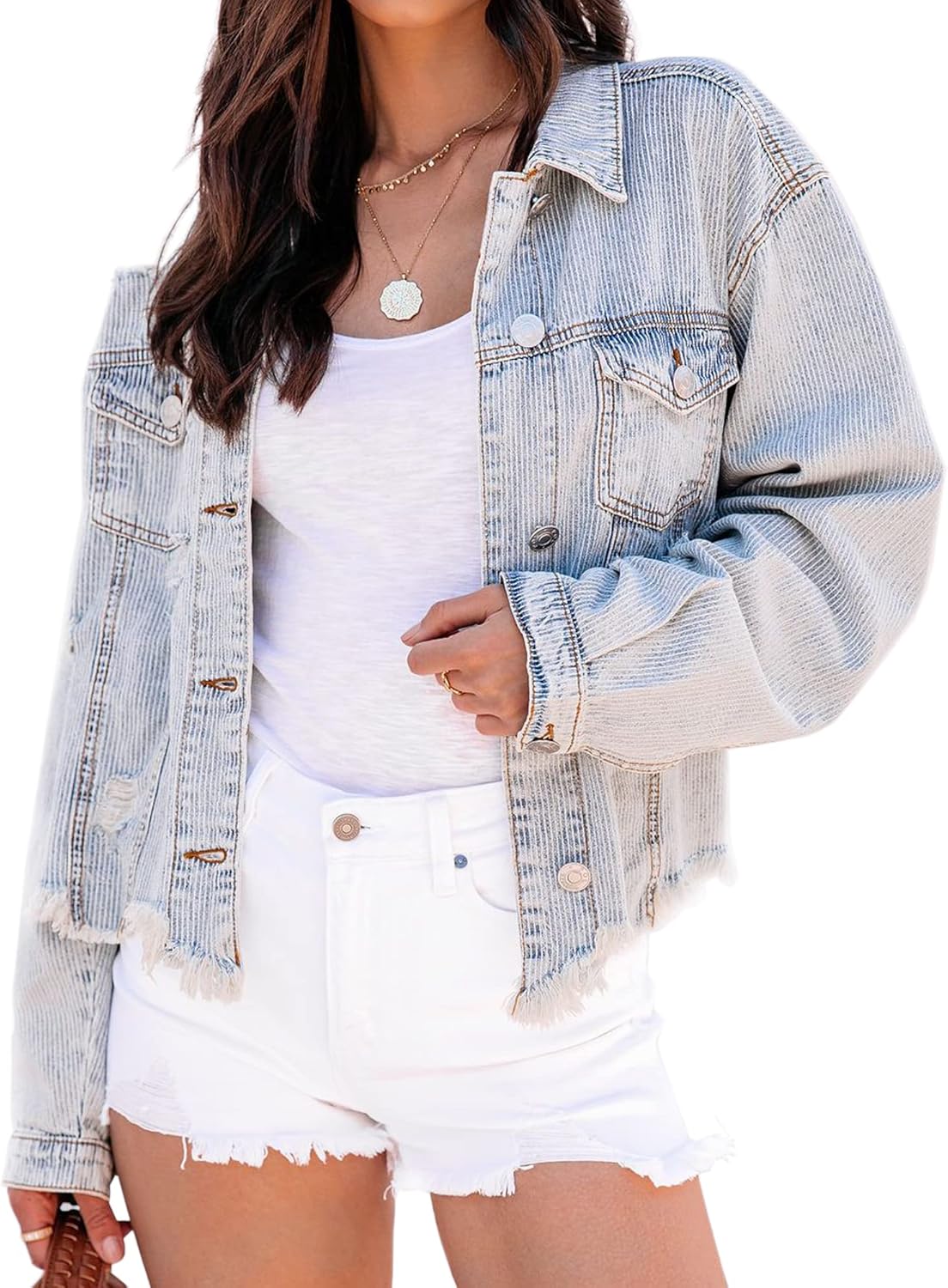 Justalwart Women’s Oversized Vintage Denim Jacket Long Sleeve Boyfriend Coat