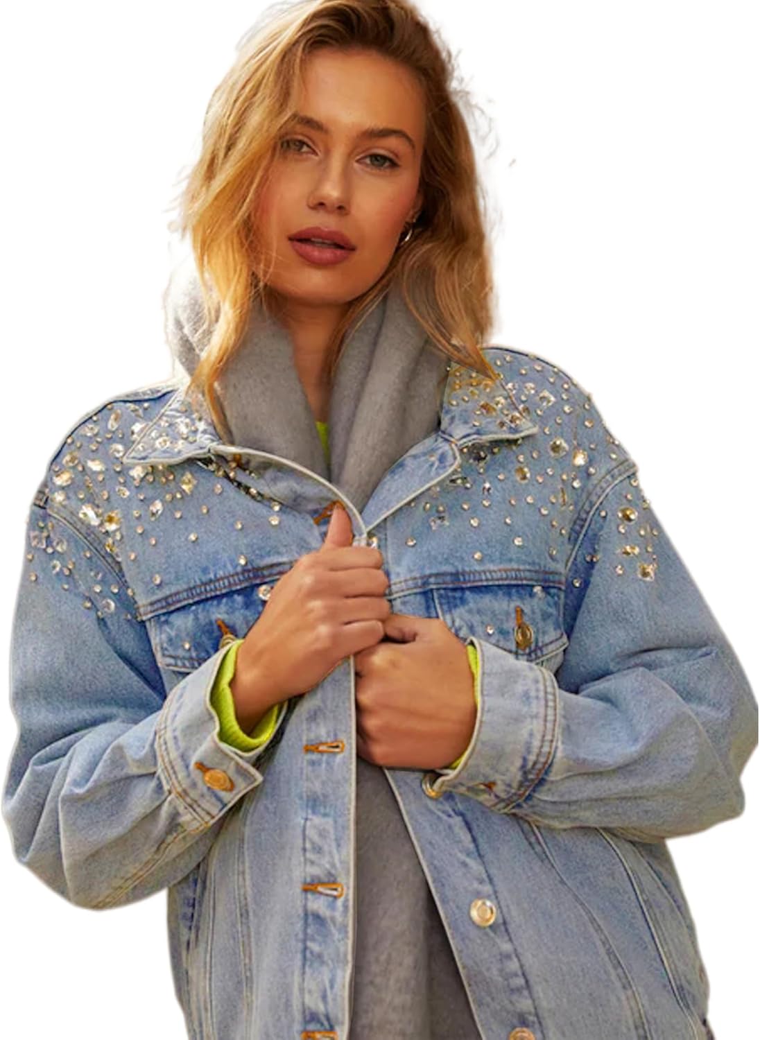 Justalwart Women’s Oversized Vintage Denim Jacket Long Sleeve Boyfriend Coat