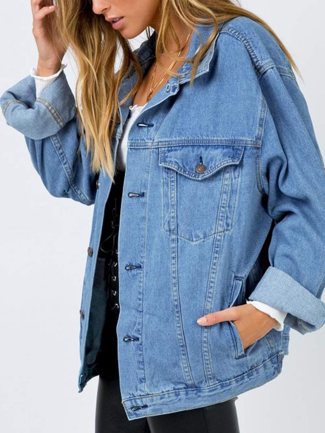 Justalwart Women’s Oversized Vintage Denim Jacket Long Sleeve Boyfriend Coat