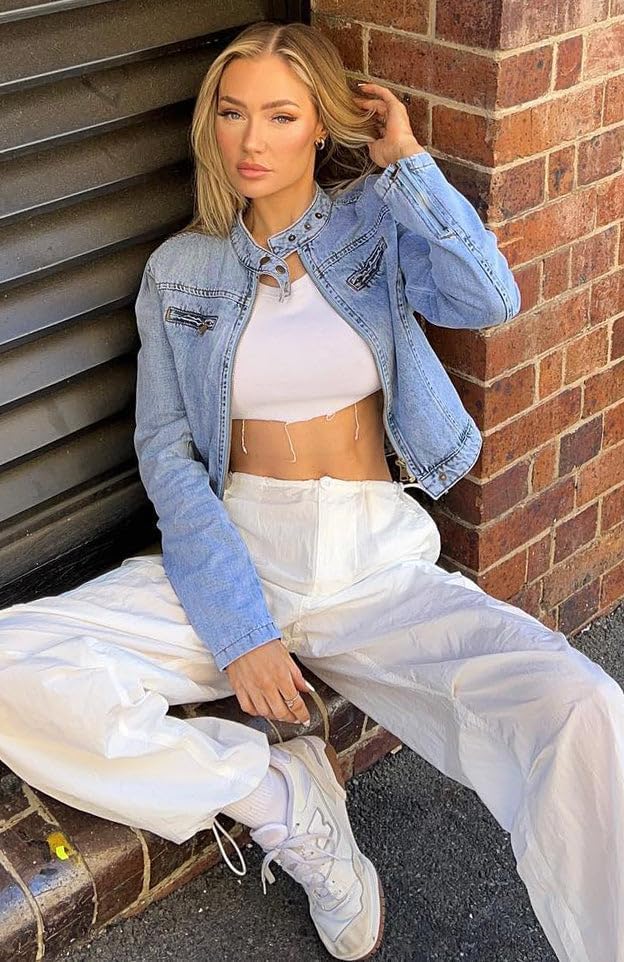 Justalwart Women’s Stretchy Fitted Motorcycle Light Wash Denim Jean Jacket