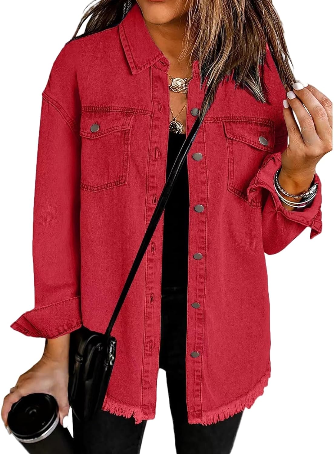 KAJXZ Denim Jacket for Women Oversized Button Down Frayed Hem Shacket lightweight Wash Lapel Long Sleeve Jean Jackets Coat