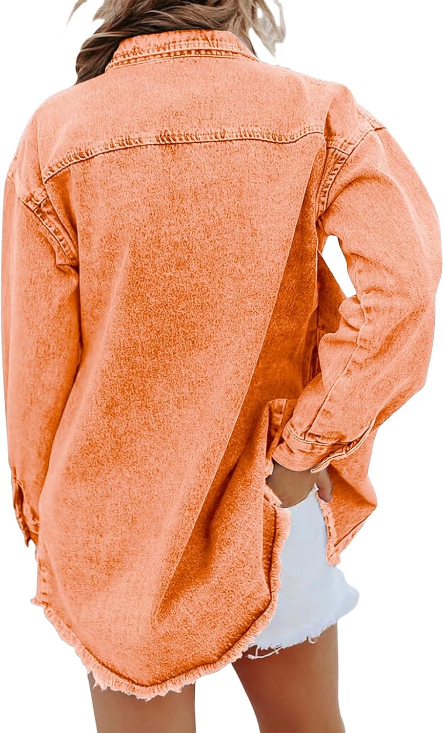 KAJXZ Denim Jacket for Women Oversized Button Down Frayed Hem Shacket lightweight Wash Lapel Long Sleeve Jean Jackets Coat