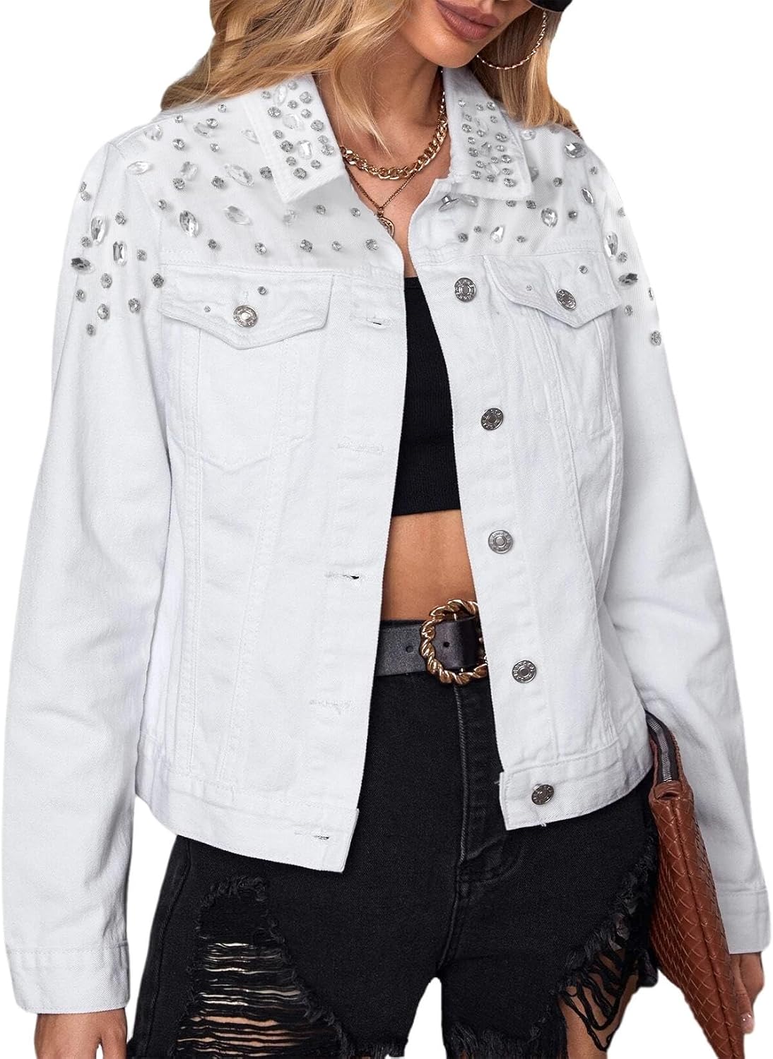 White denim jacket with rhinestone embellishments for stylish casual wear, ideal for fashion-forward outfits.