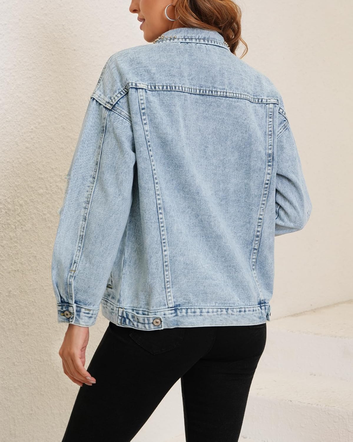 Kedera Pearl Beaded Denim Jacket for Women Button Down Oversized Jean Jacket Distressed Long Sleeves Cropped Casual Coat