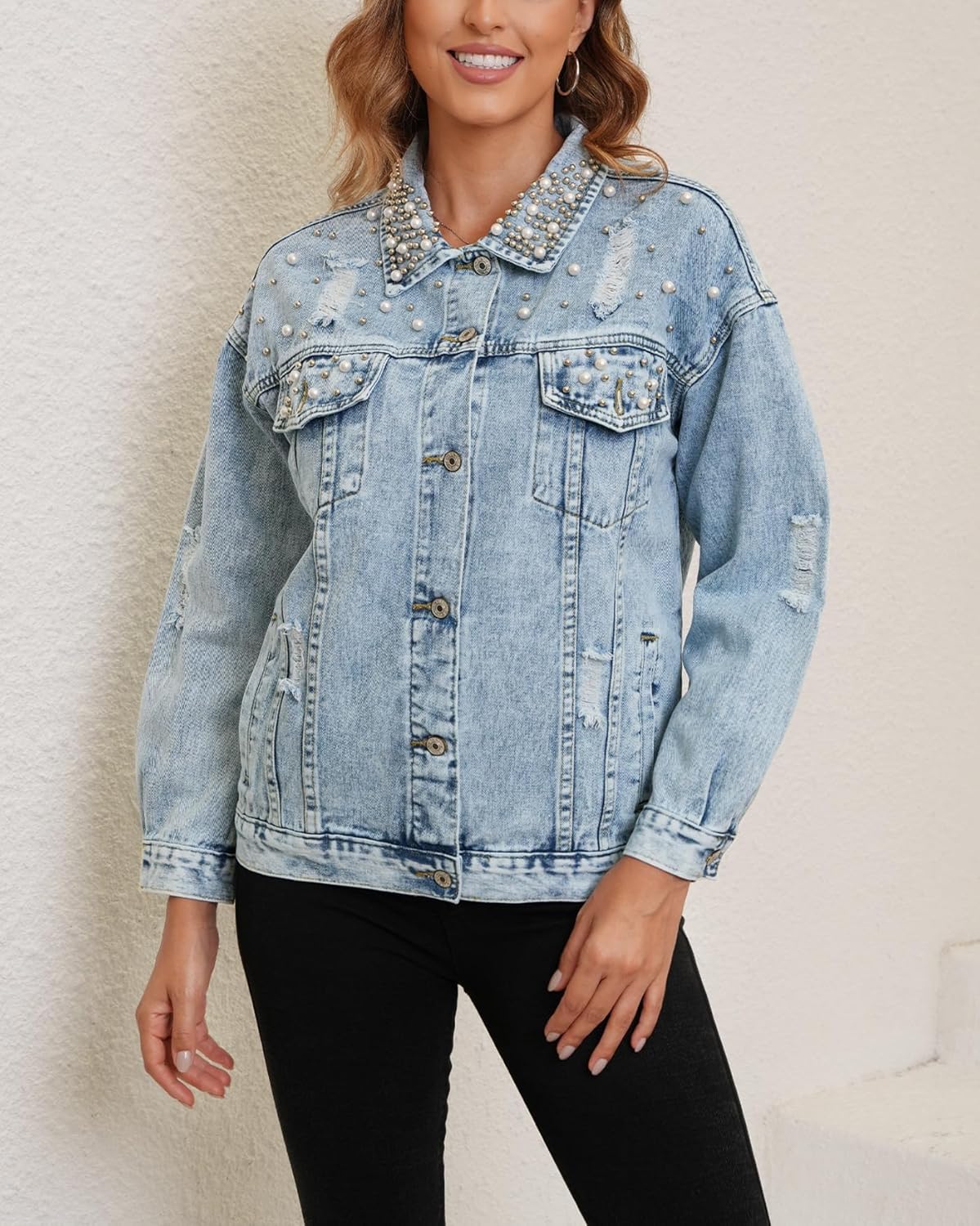 Kedera Pearl Beaded Denim Jacket for Women Button Down Oversized Jean Jacket Distressed Long Sleeves Cropped Casual Coat